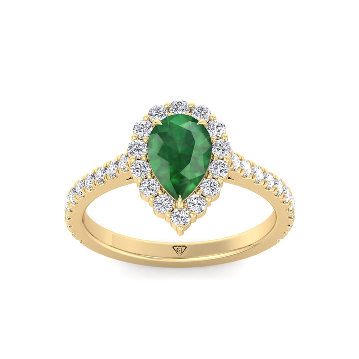 Natural Pear Shape Green Emerald Halo Engagement Ring With Pave Band