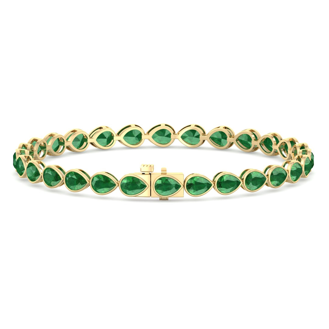 East West Pear Shape Natural Green Emerald Tennis Bracelet Yellow Gold 14K 18K
