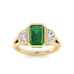 Bezel Set Natural Emerald Shape Green Emerald with Half Moon Diamond Sidestones Engagement Ring Yellow Gold 14K 18K