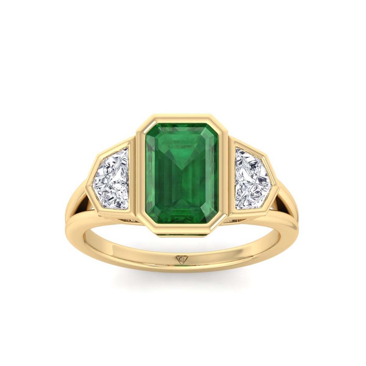 Bezel Set Natural Emerald Shape Green Emerald with Half Moon Diamond Sidestones Engagement Ring Yellow Gold 14K 18K