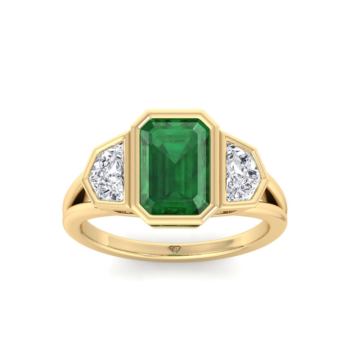 Bezel Set Natural Emerald Shape Green Emerald with Half Moon Diamond Sidestones Engagement Ring Yellow Gold 14K 18K