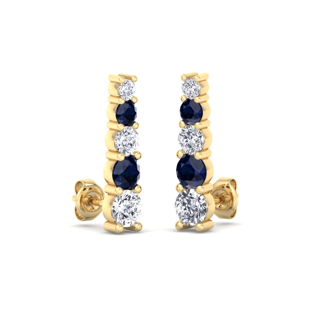 Graduated Natural Diamond and Blue Sapphire Climber Earrings-3CT-14K-Yellow Gold