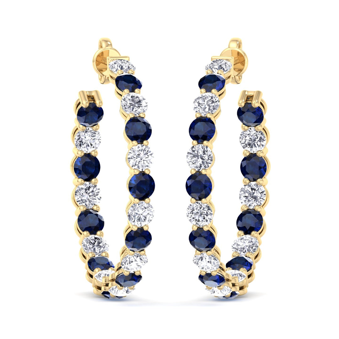 Alternating Natural Blue Sapphire and Diamond Inside Out Hoop Earrings Yellow Gold 14K 18K