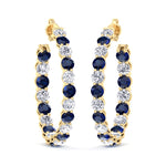 Alternating Natural Blue Sapphire and Diamond Inside Out Hoop Earrings Yellow Gold 14K 18K