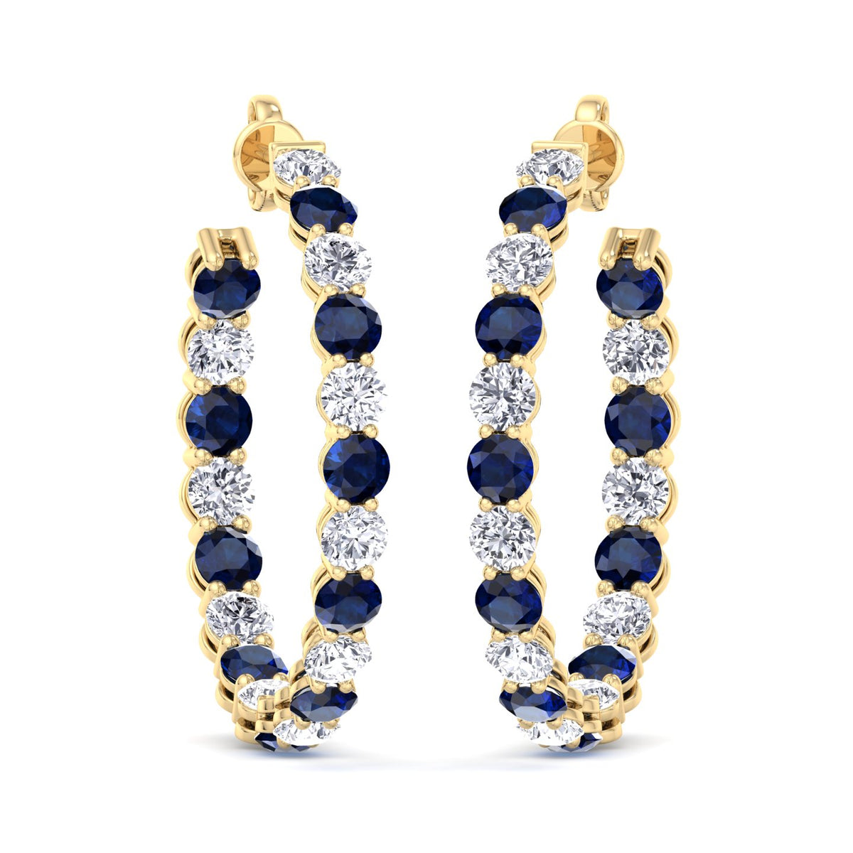 Alternating Natural Blue Sapphire and Diamond Inside Out Hoop Earrings Yellow Gold 14K 18K