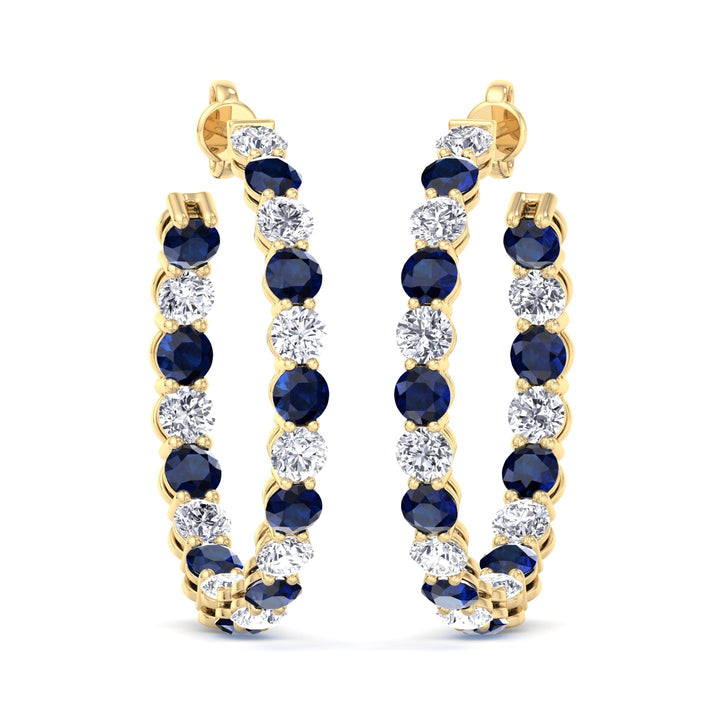 Alternating Natural Blue Sapphire and Diamond Inside Out Hoop Earrings Yellow Gold 14K 18K