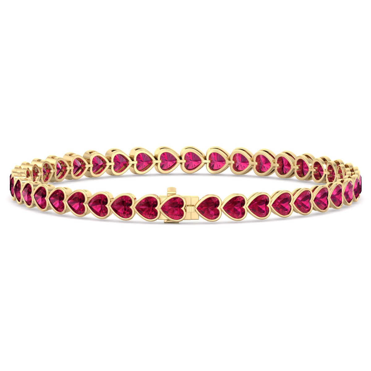East to West Heart Shape Bezel Set Natural Red Ruby Tennis Bracelet Yellow Gold 14K 18K