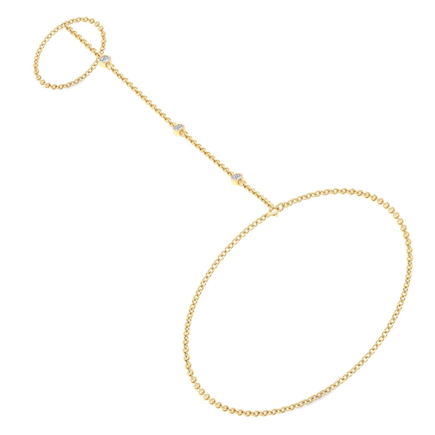 Bezel Set Round Shape Natural Diamond Hand Ring Chain Yellow Gold 14K 