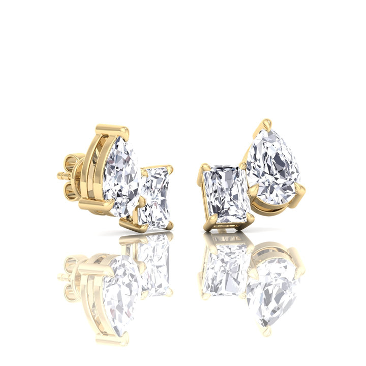 Radiant and Pear Shape-- Toi Et Moi Natural Diamond Studs-14K-18K-0.5CT-1CT-2CT- Yellow Gold