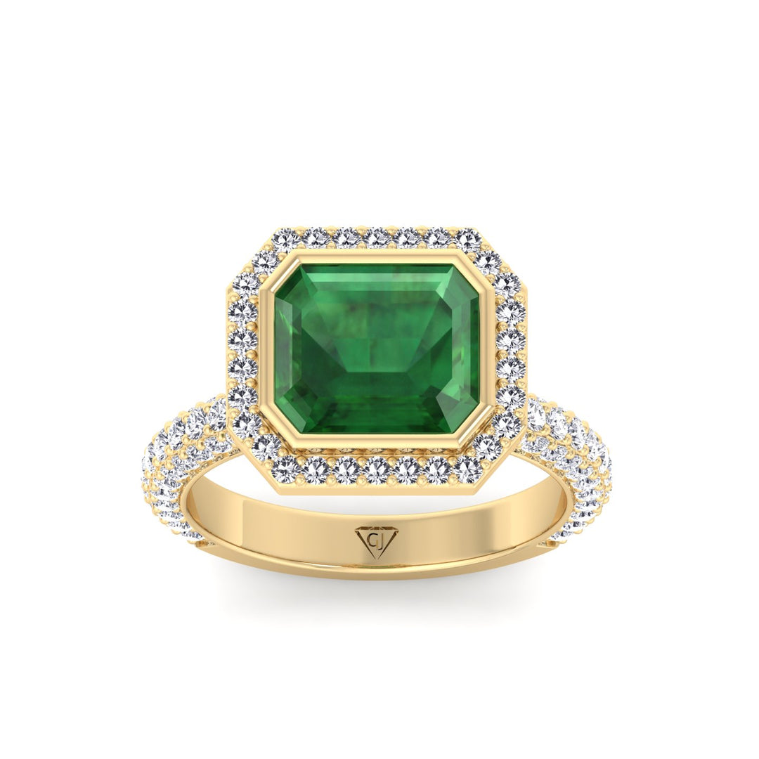 Natural Green Emerald Halo Engagement Ring With Pave Band YG 3