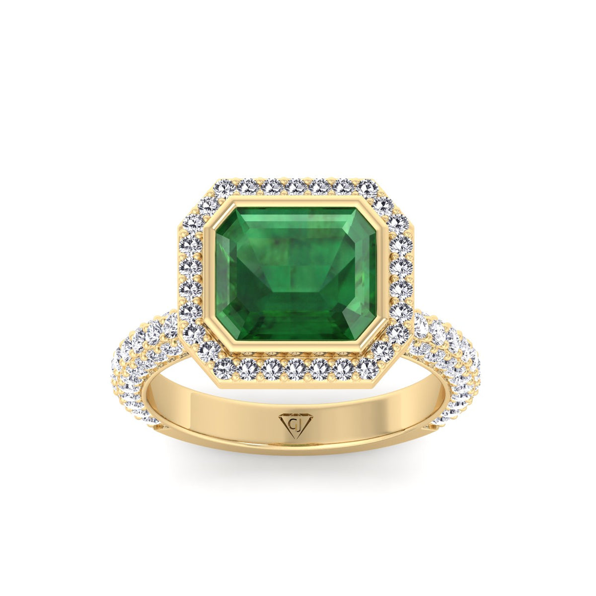 Natural Green Emerald Halo Engagement Ring With Pave Band YG 3