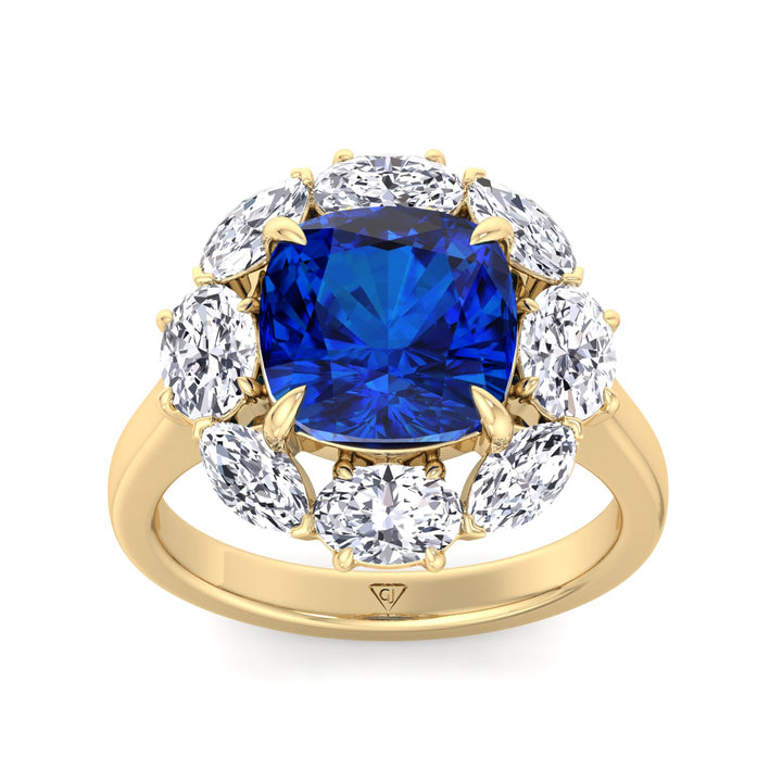 Valeria - Cushion Shape Blue Sapphire Engagement Ring With Oval and Marquise Diamond Side Stones