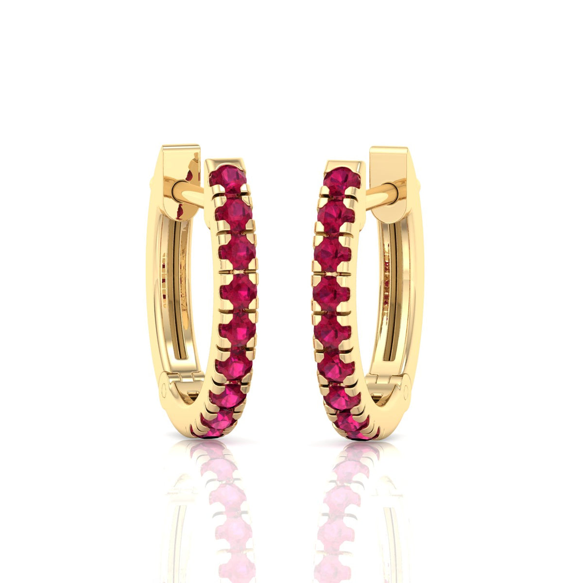 Natural Red Ruby Round Shape Huggie Hoop Earring Yellow Gold 14K
