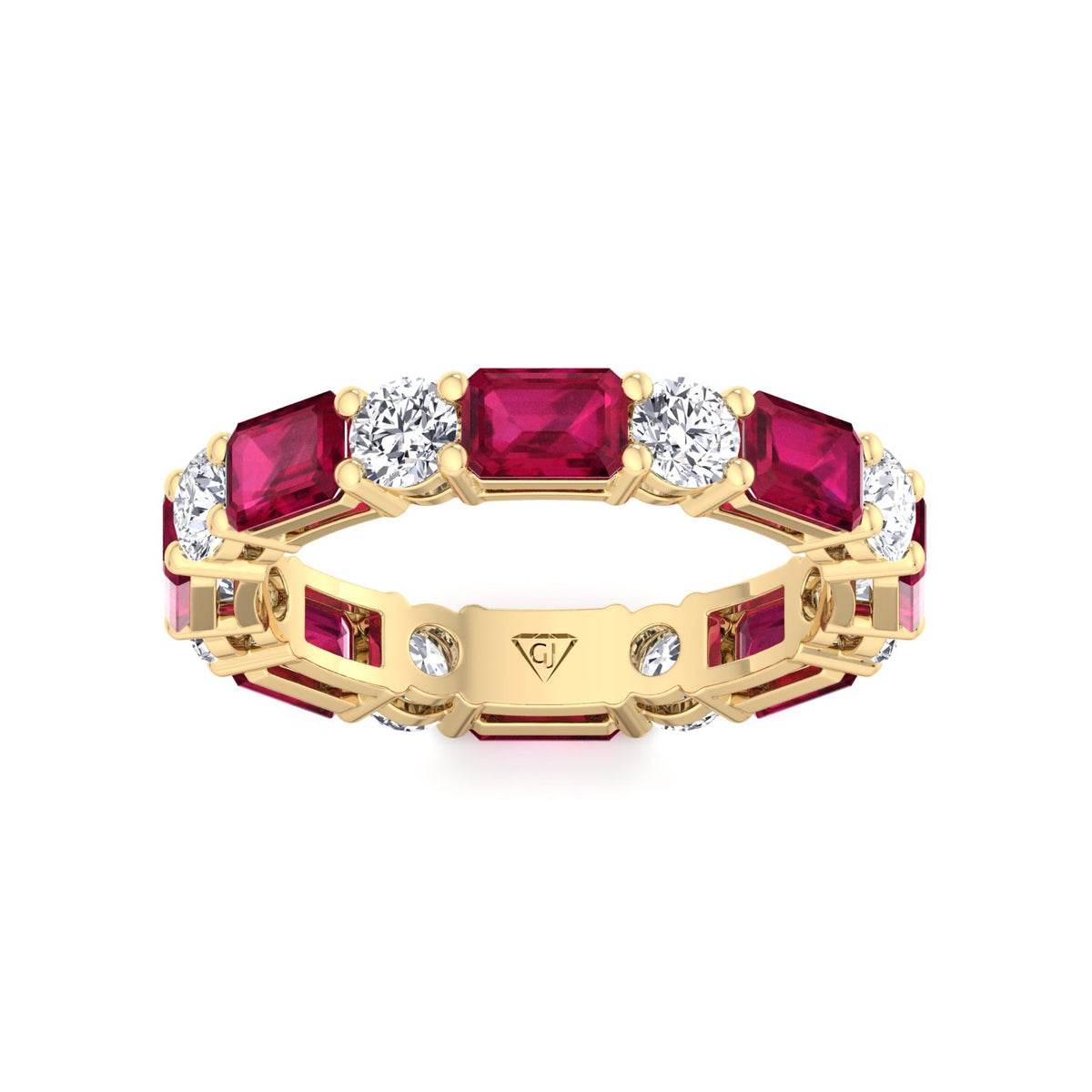 Alternating Natural Emerald Shape Red Ruby and Round Shape Diamond Eternity Band Yellow Gold 18K