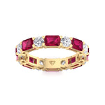 Alternating Natural Emerald Shape Red Ruby and Round Shape Diamond Eternity Band Yellow Gold 18K