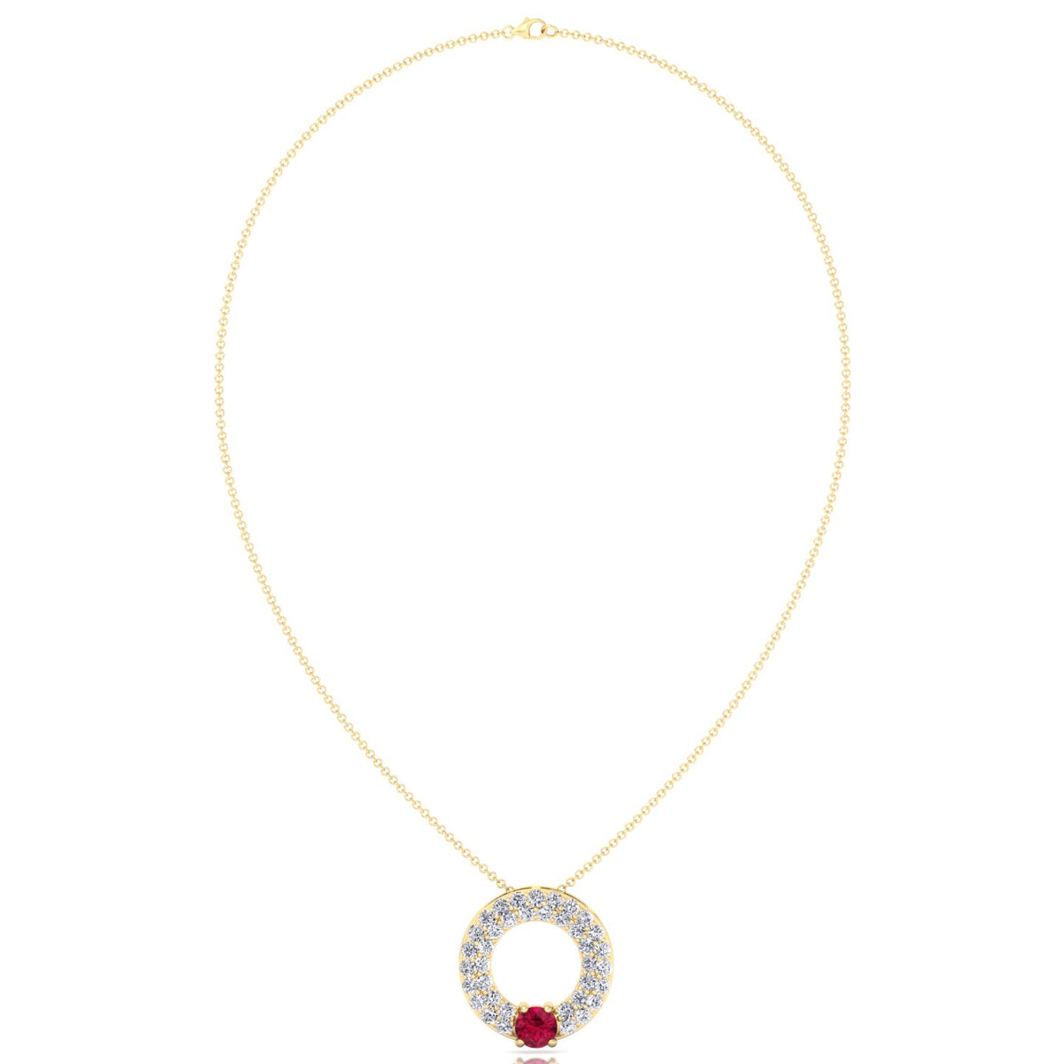 Round Shape Natural Diamond & Red Ruby Open Circle Pendant-1.25CT--Yellow Gold