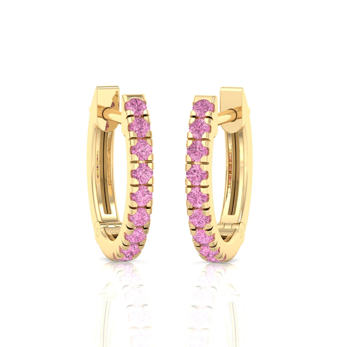 Natural Pink Sapphire Round Shape Huggie Hoop Earrings Yellow Gold 