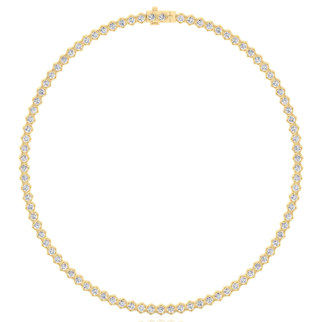 Hexagonal Bezel Set Natural Diamond Tennis Necklace Yellow Gold, 4ct, 8ct, 10.5ct