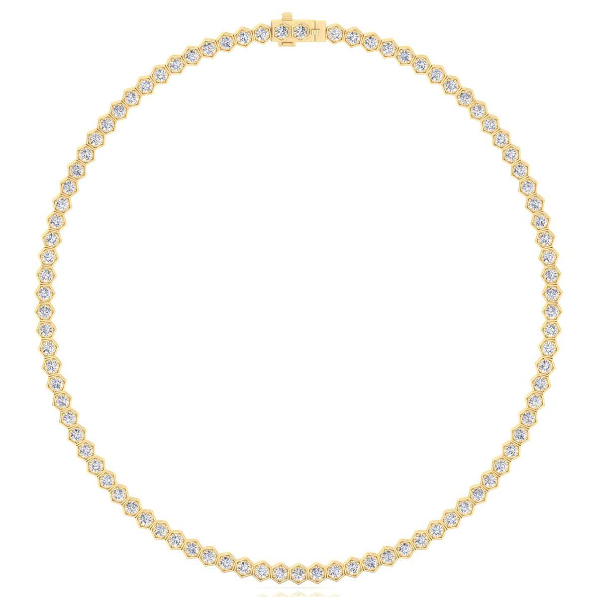 Hexagonal Bezel Set Natural Diamond Tennis Necklace Yellow Gold, 4ct, 8ct, 10.5ct