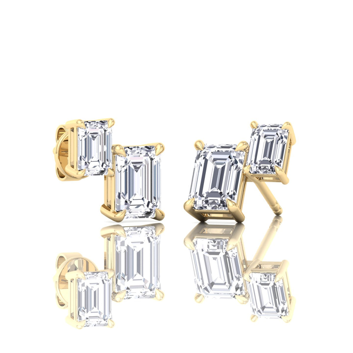 Double Emerald Shape Natural Diamond Studs-1.4CT-14K-Yellow Gold