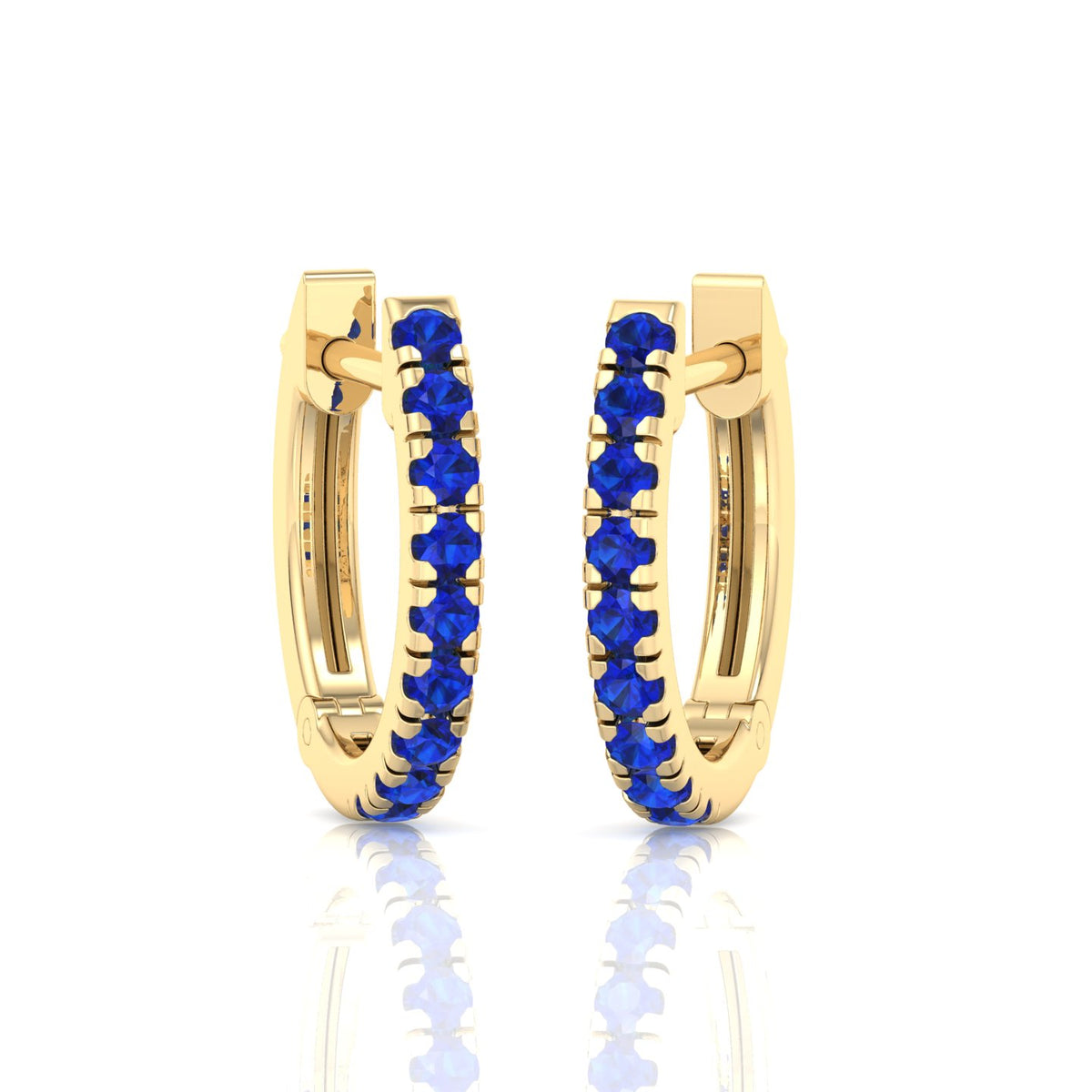 Natural Blue Sapphire Round Shape Huggie Hoop Earrings Yellow Gold 14K