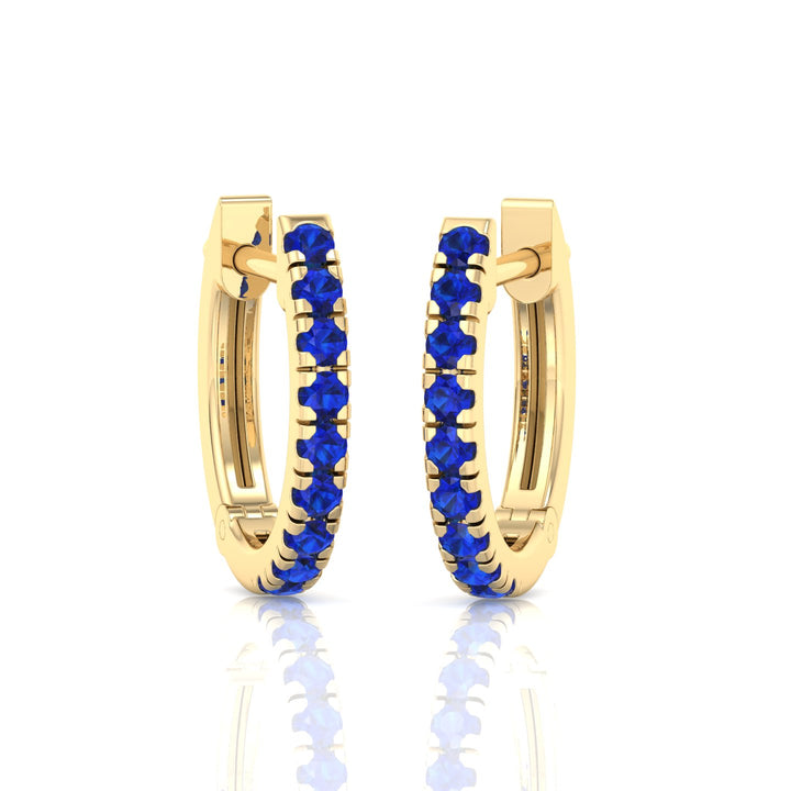 Natural Blue Sapphire Round Shape Huggie Hoop Earrings Yellow Gold 14K