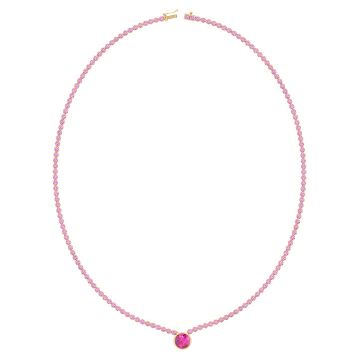 9.5CT T.W Round Cut Crown Prong Natural Pink Sapphire Tennis Necklace with Round Bezel Pendant