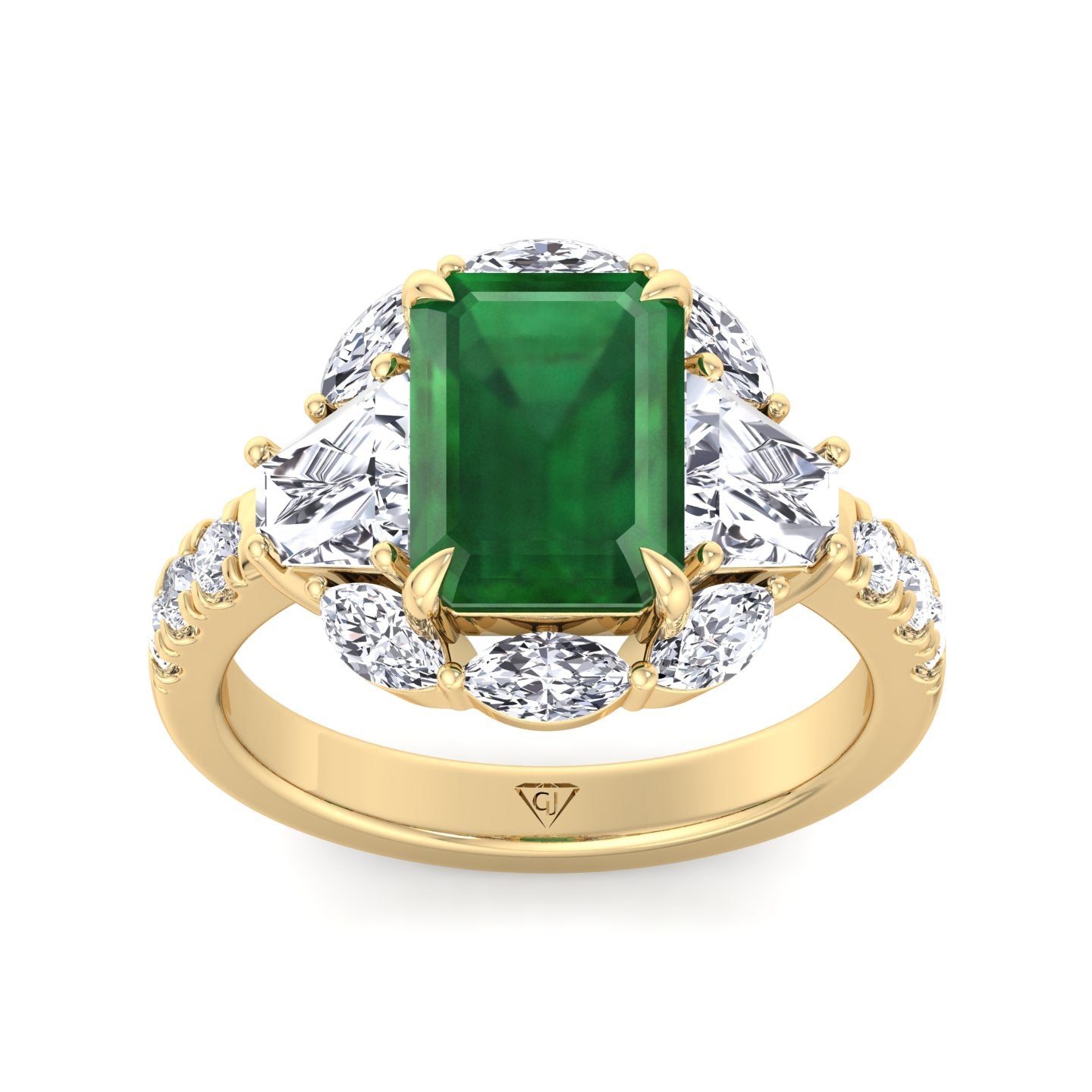 Anzola - Emerald Shape Green Emerald Engagement Ring with Marquise, Trapezoid, and Round Side Stones - Gem Jewelers Co