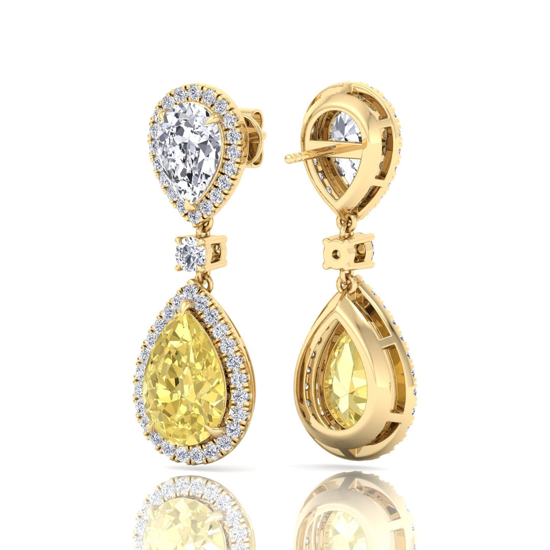 Pear & Round Cut Natural Diamond & Fancy Yellow Diamond Halo Drop Earrings