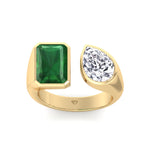 Pamina - Bezel Set Toi Et Moi Green Emerald and Pear Shape Diamond Open Ring - Gem Jewelers Co