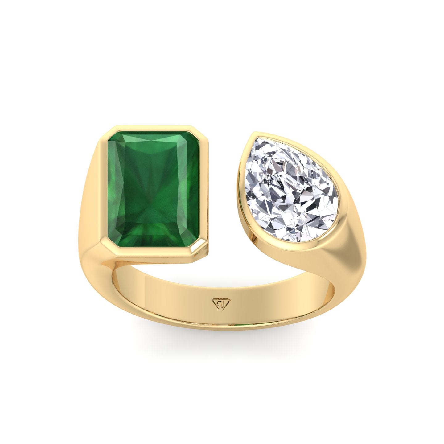 Pamina - Bezel Set Toi Et Moi Green Emerald and Pear Shape Diamond Open Ring - Gem Jewelers Co