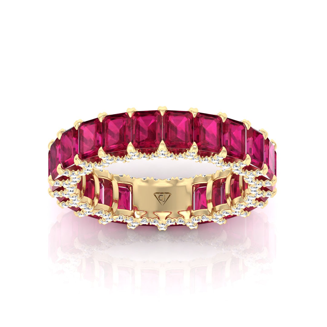 Emerald Cut Natural Red Ruby Eternity Band with Invisible Halo