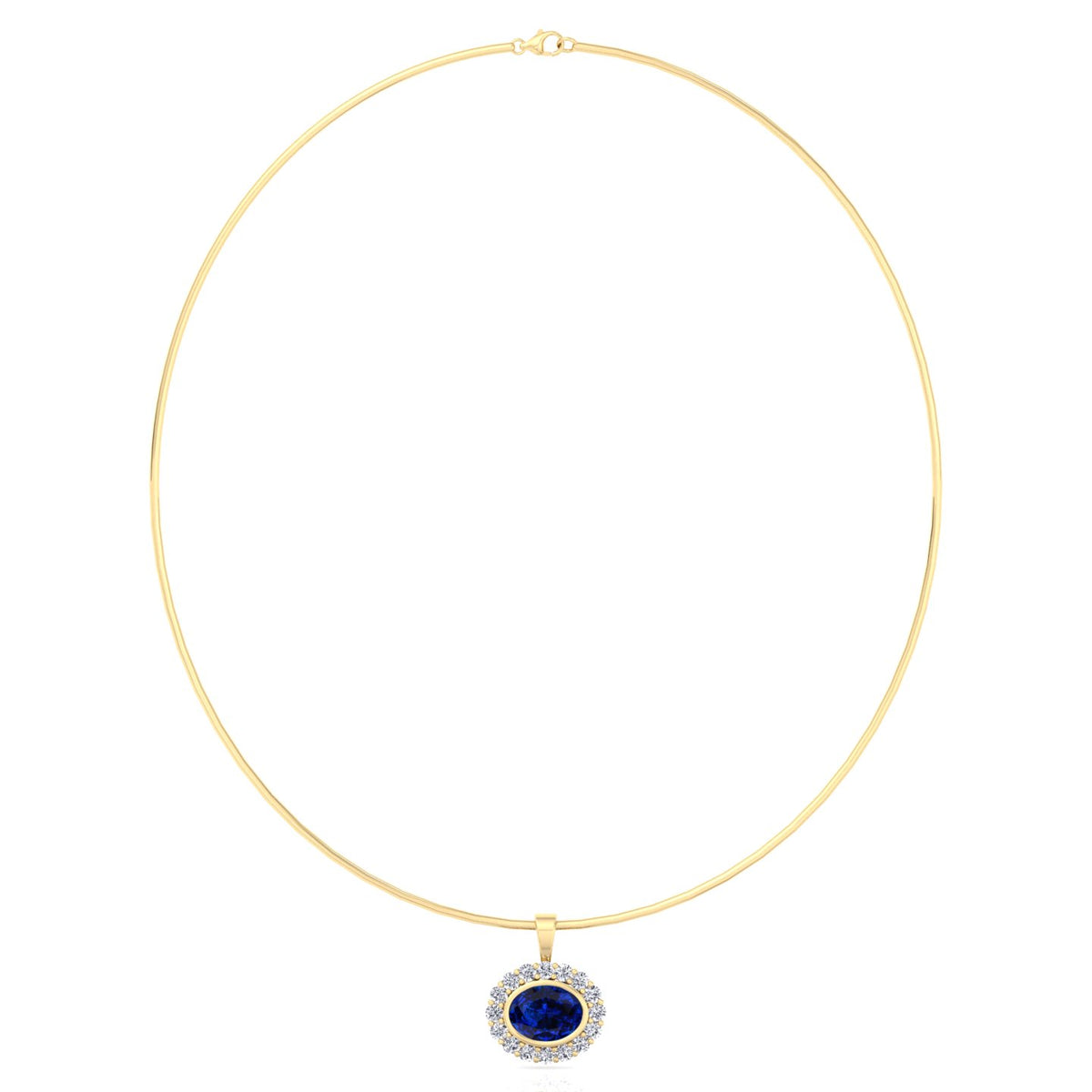 Oval Shape Natural Blue Sapphire and Diamond Halo Pendant in Omega Chain Yellow Gold 14K 18K