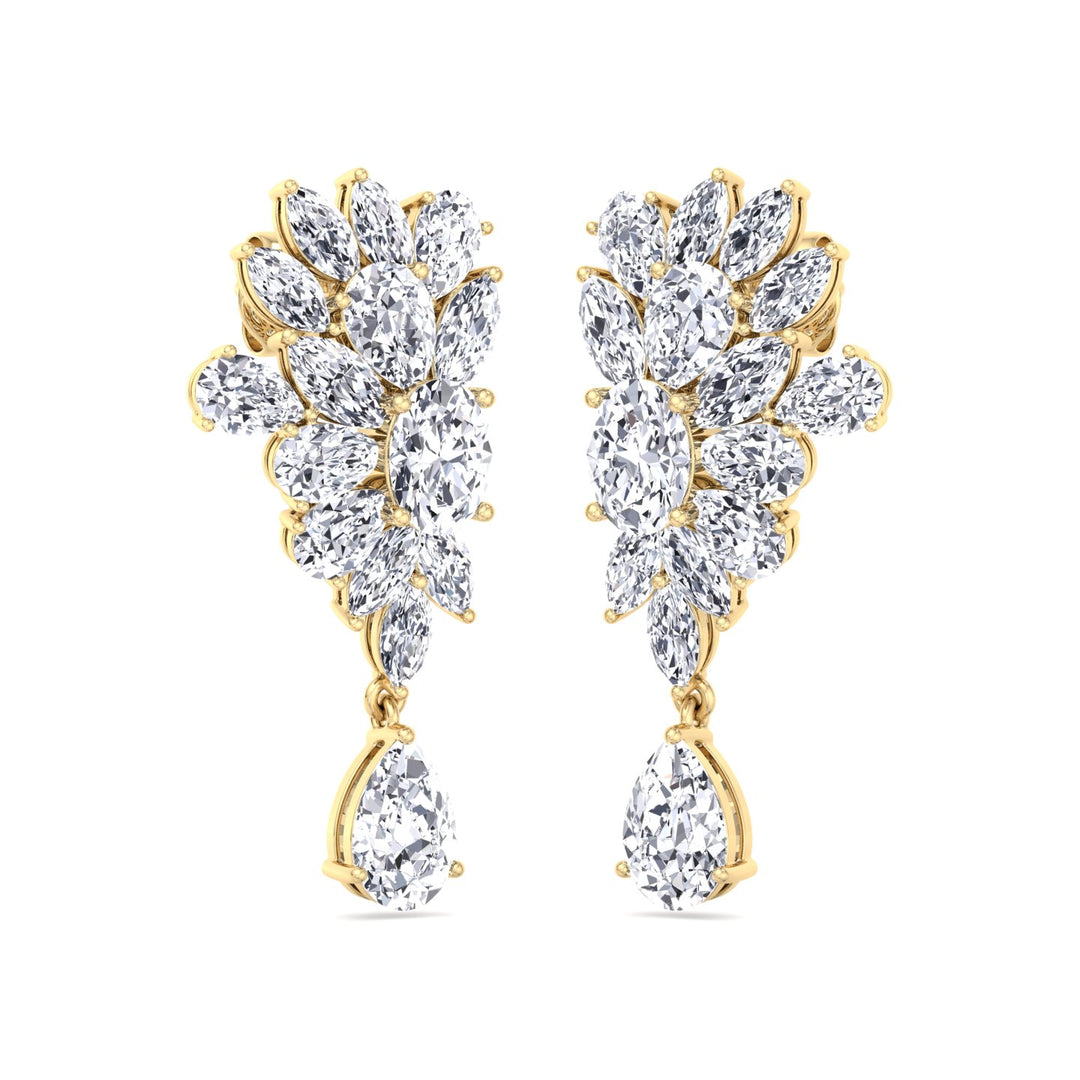Cluster Marquise and Pear Shape Natural Diamond Drop Earrings Yellow Gold 14K 18K
