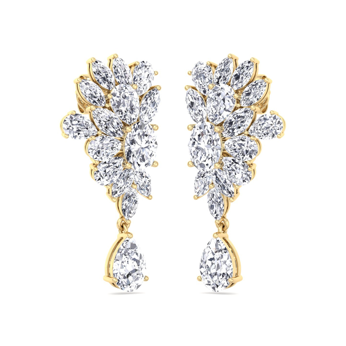 Cluster Marquise and Pear Shape Natural Diamond Drop Earrings Yellow Gold 14K 18K