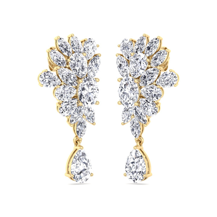 Cluster Marquise and Pear Shape Natural Diamond Drop Earrings Yellow Gold 14K 18K