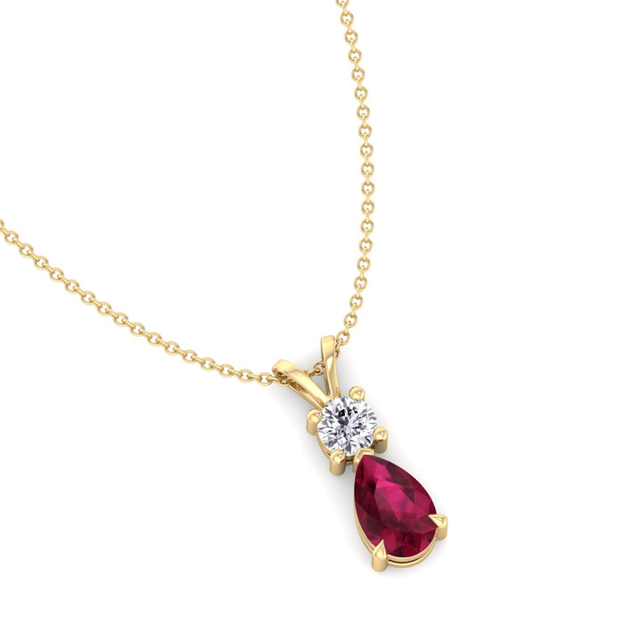 Natural Pear Shape Red Ruby & Round Shape Diamond Teardrop Pendant Necklace