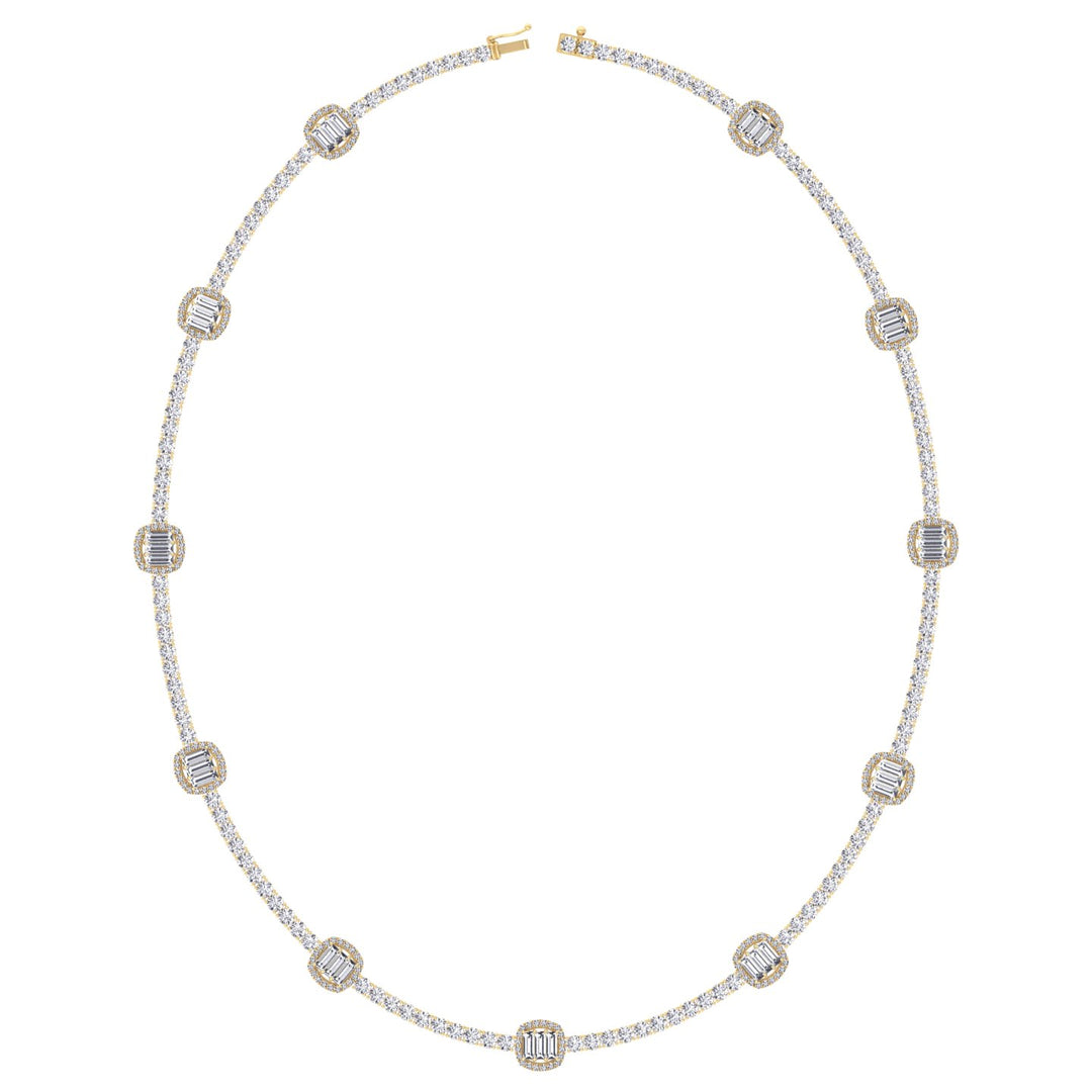 Emerald Shape Halo Station Natural Diamond Tennis Necklace in 14K Solid Gold Yellow Gold 14K 18K