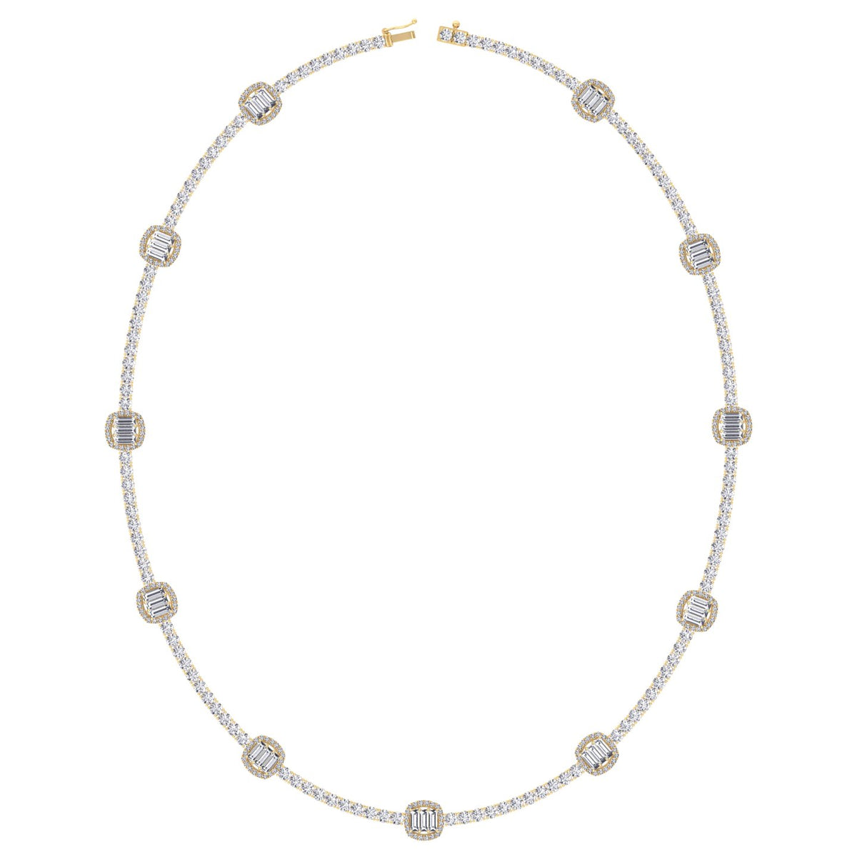 Emerald Shape Halo Station Natural Diamond Tennis Necklace in 14K Solid Gold Yellow Gold 14K 18K