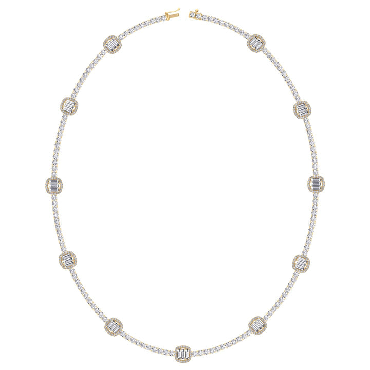 Emerald Shape Halo Station Natural Diamond Tennis Necklace in 14K Solid Gold Yellow Gold 14K 18K