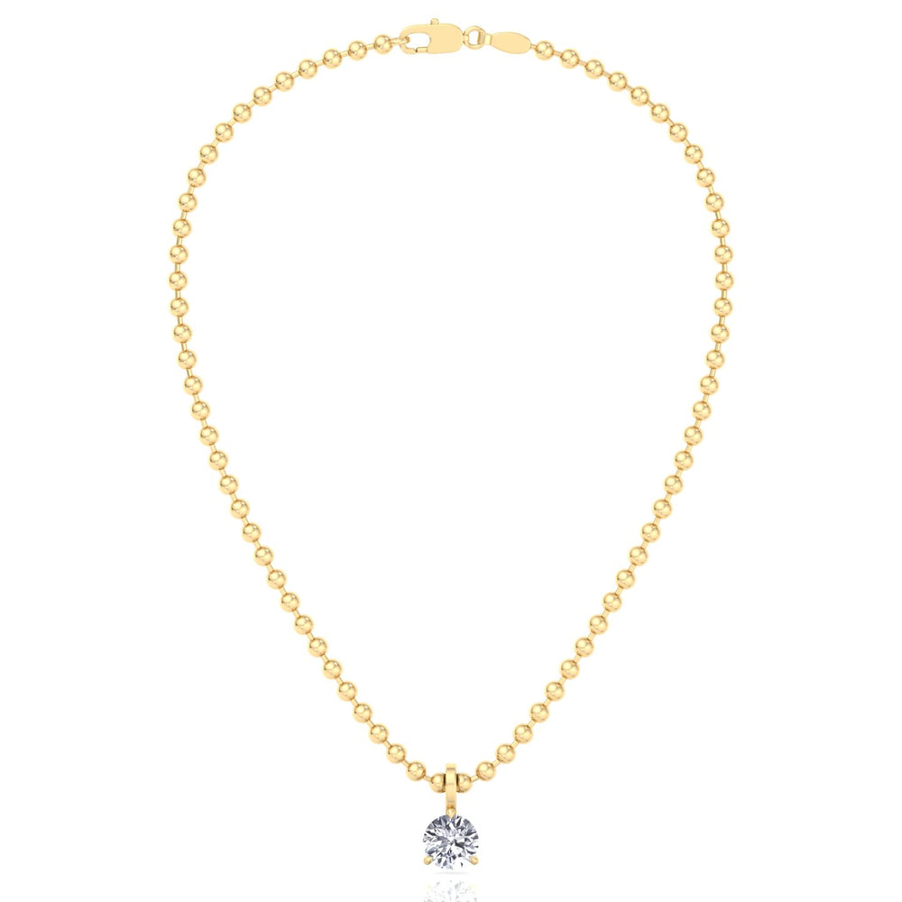 Natural Diamond Beaded Necklace with Round Pendant-14K-0.50CT-1CT-Yellow Gold