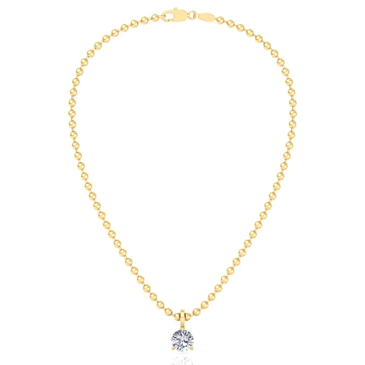 Natural Diamond Beaded Necklace with Round Pendant-14K-0.50CT-1CT-Yellow Gold