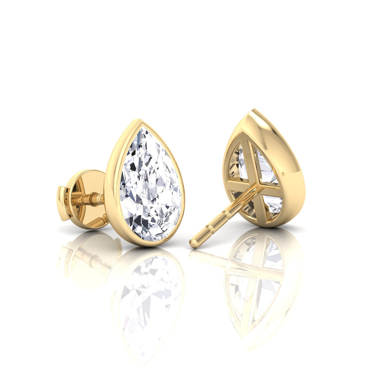 Bezel Set -Pear Shape Natural Diamond Studs-14K-18K-0.5CT-1CT-2CT-Yellow Gold