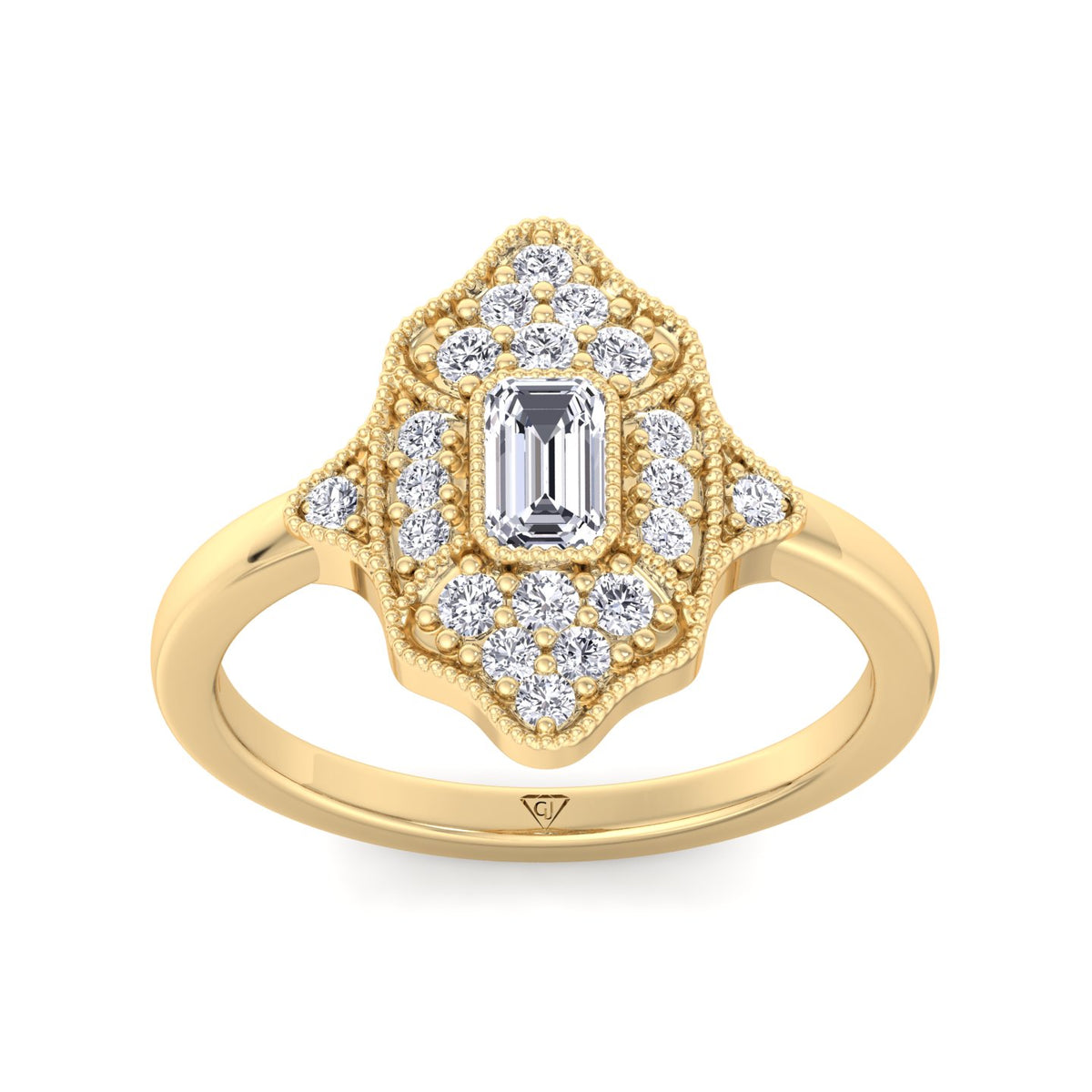 Ornella - Vintage Style Emerald Shape Diamond Engagement Ring With Round Side Stone - Gem Jewelers Co
