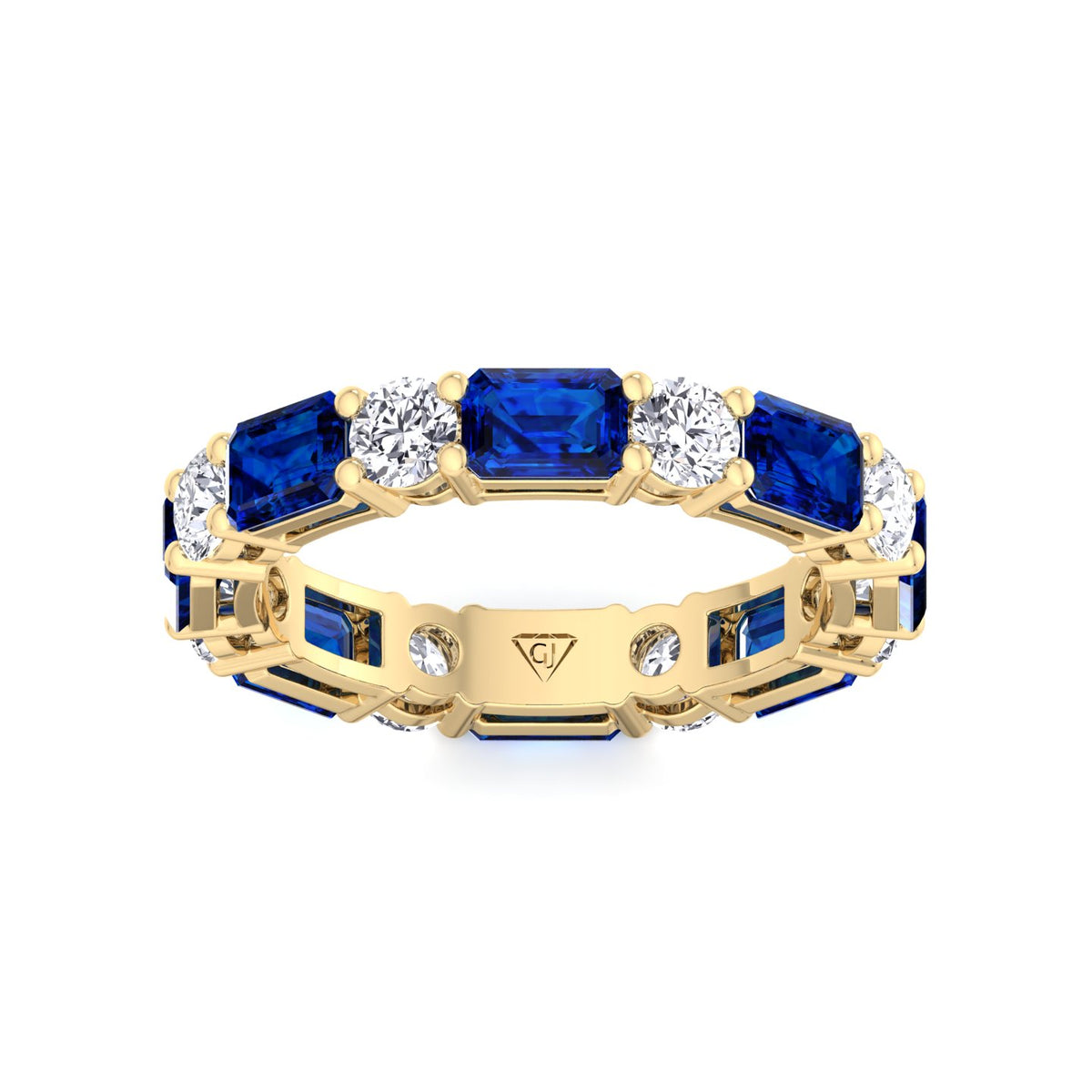 Alternating Natural Emerald Shape Blue Sapphire and Round Shape Diamond Eternity Band Yellow Gold 18K