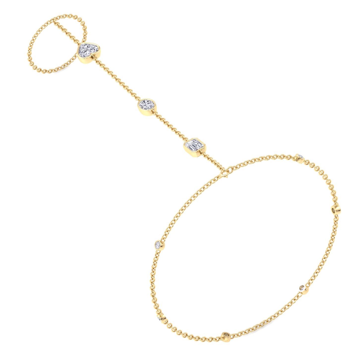 Bezel Set Natural Diamond Hand Ring Chain Yellow 14K