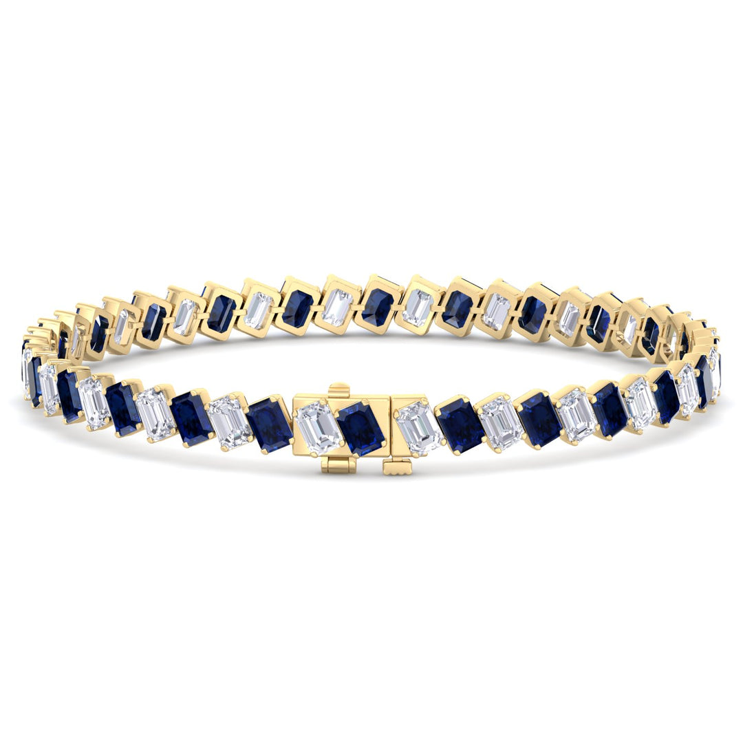 Alternating Emerald Shape Natural Blue Sapphire & Natural Diamond Diagonal Tennis Bracelet 14K Solid Gold