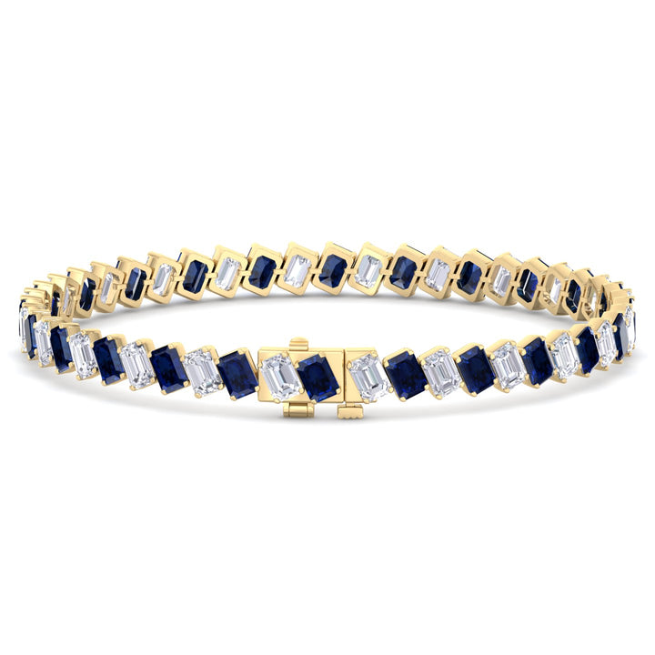 Alternating Emerald Shape Natural Blue Sapphire & Natural Diamond Diagonal Tennis Bracelet 14K Solid Gold