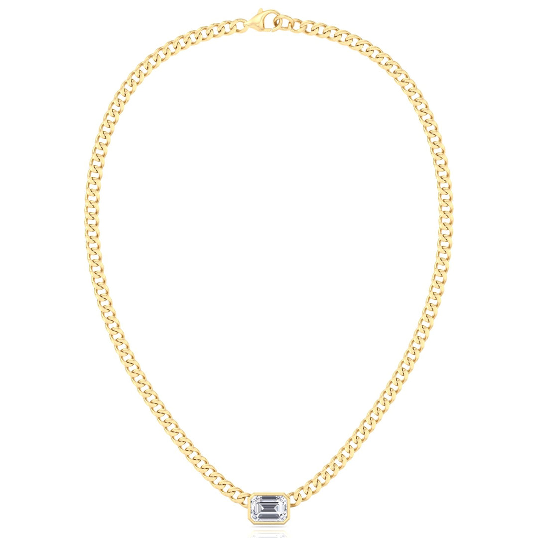 Bezel Set Emerald Cut Natural Diamond Cuban Chain Necklace Yellow Gold 14K 18K