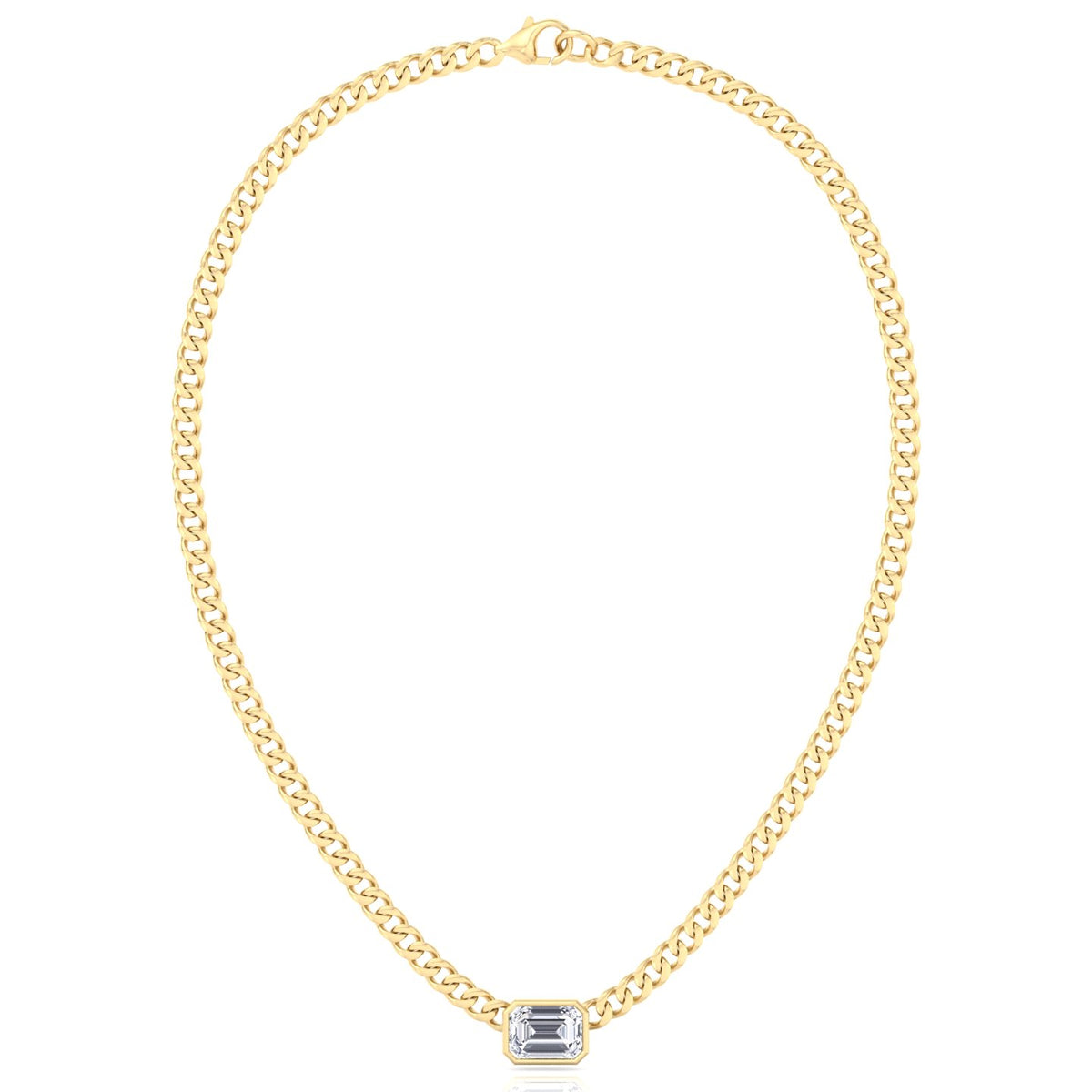 Bezel Set Emerald Cut Natural Diamond Cuban Chain Necklace Yellow Gold 14K 18K